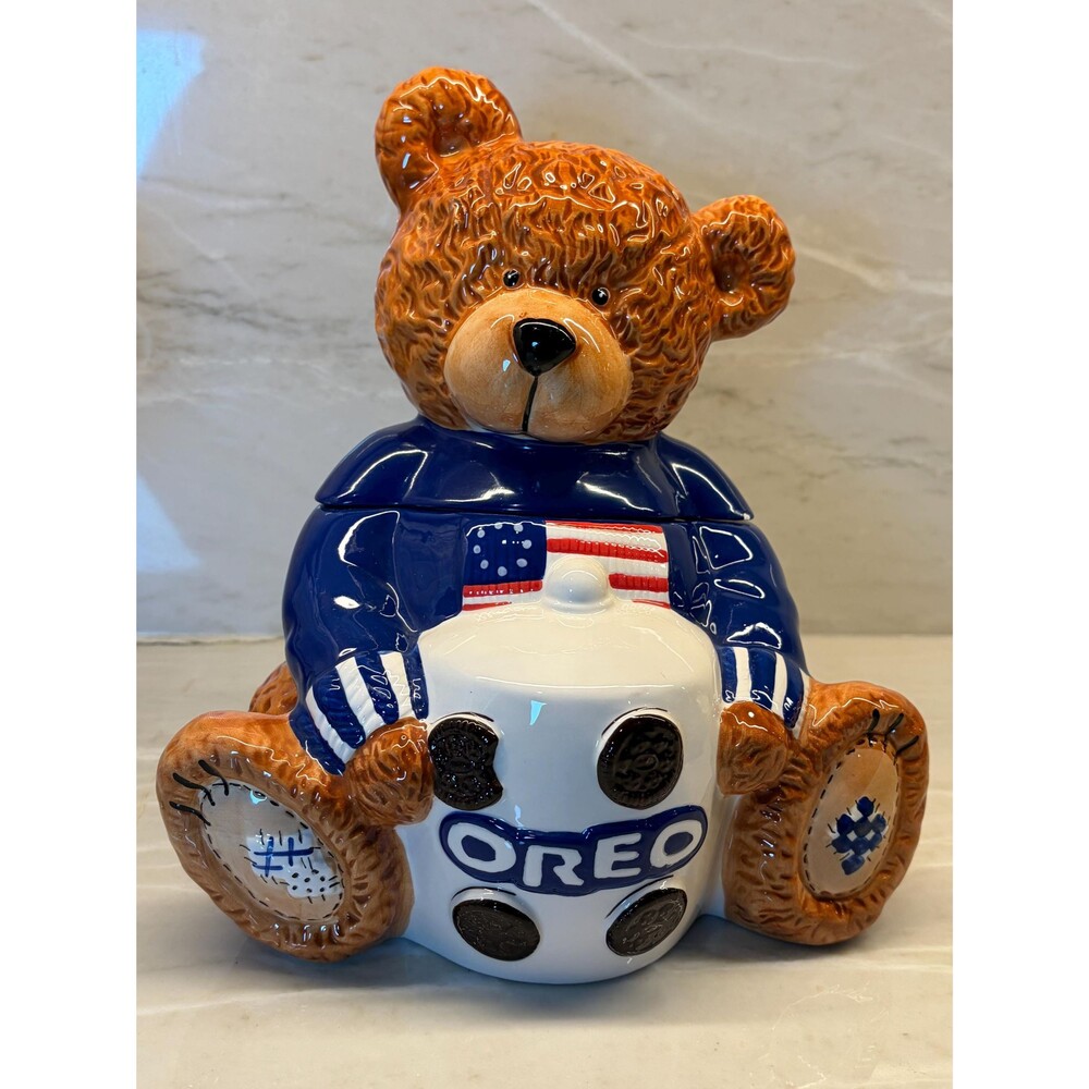 Oreo Teddy Bear Cookie Jar 2002 Sixth in Series Patriotic Americana Flag Sweater